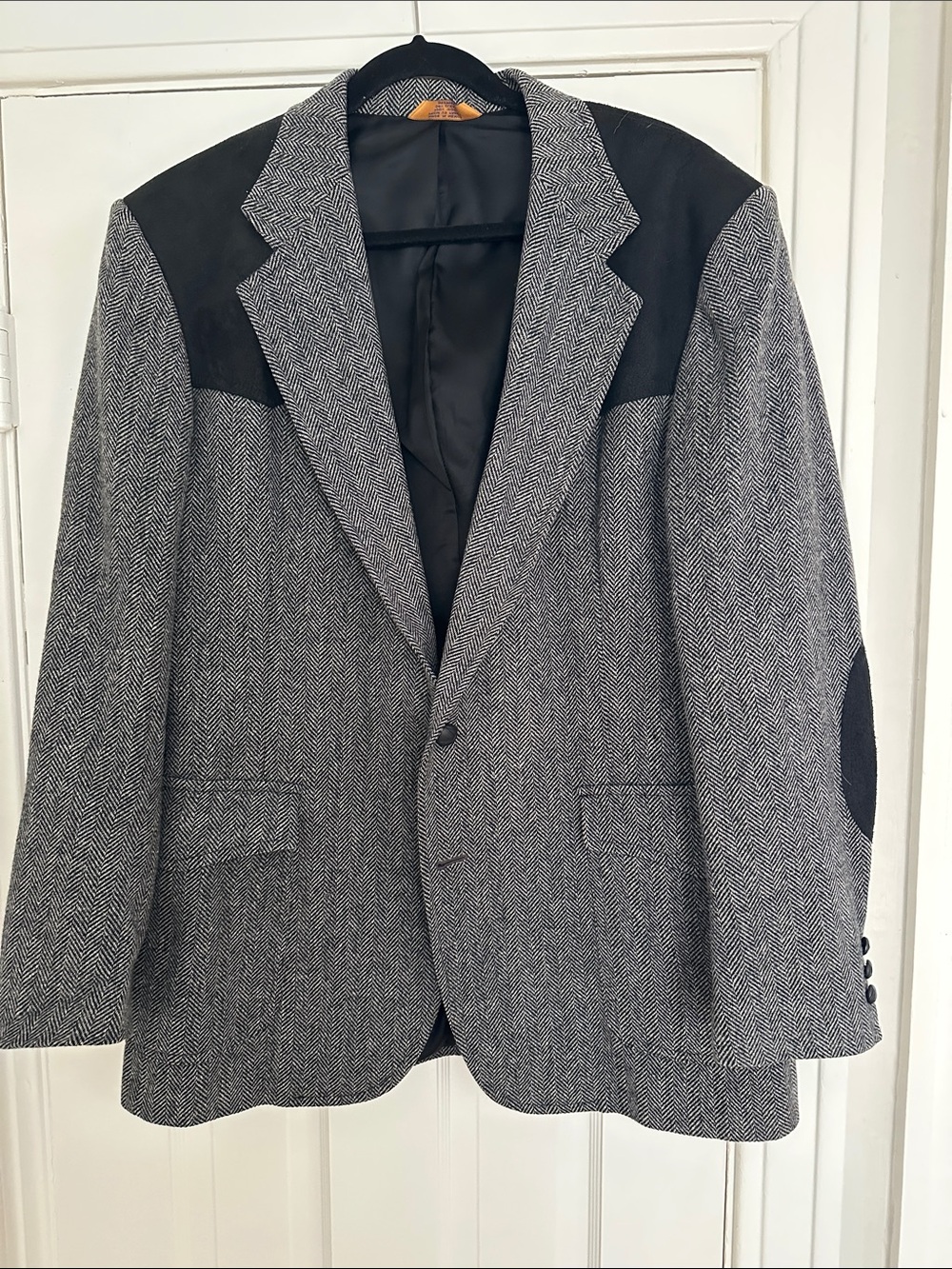Pendleton Gray Herringbone Wool Blazer with Black Shoulder and Elbow Panels